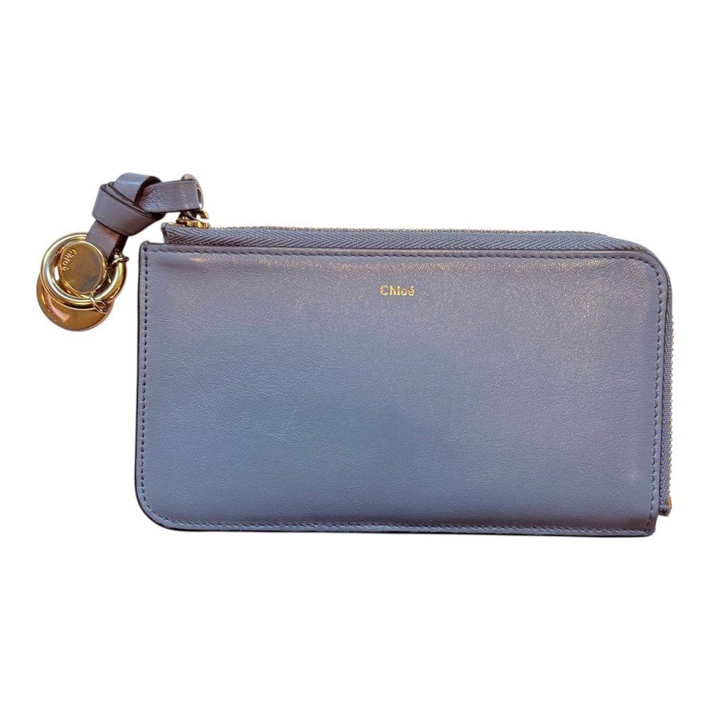 Chloe Alphabet Wallet Card Holder smooth blue gray leather gold hardware C charm - Picture 2 of 14